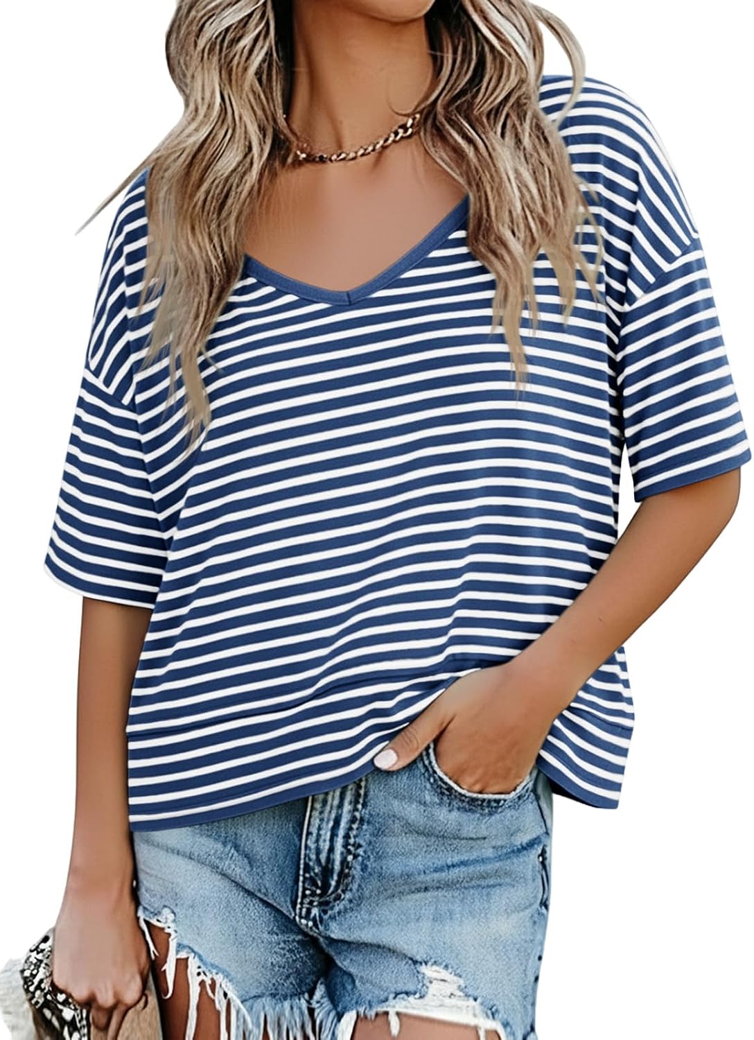 Cicy Bell Womens Summer V Neck T Shirts Loose Fit Oversized Casual Tops | Short sleeve, Spliced hem, Flowy graphic tees,Solid color & Striped print &Polka dot cute basic t-shirts
