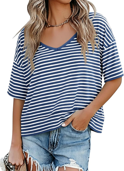 Cicy Bell Womens Summer V Neck T Shirts Loose Fit Oversized Casual Tops | Short sleeve, Spliced hem, Flowy graphic tees,Solid color & Striped print &Polka dot cute basic t-shirts
