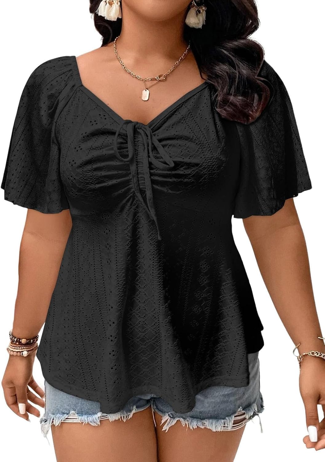 🔥 END-OF-SEASON SALE-Womens Plus Size Tops Sweetheart Neck Short Sleeve Eyelet Embroidery Summer Loose Peplum Shirts(1X-5X)