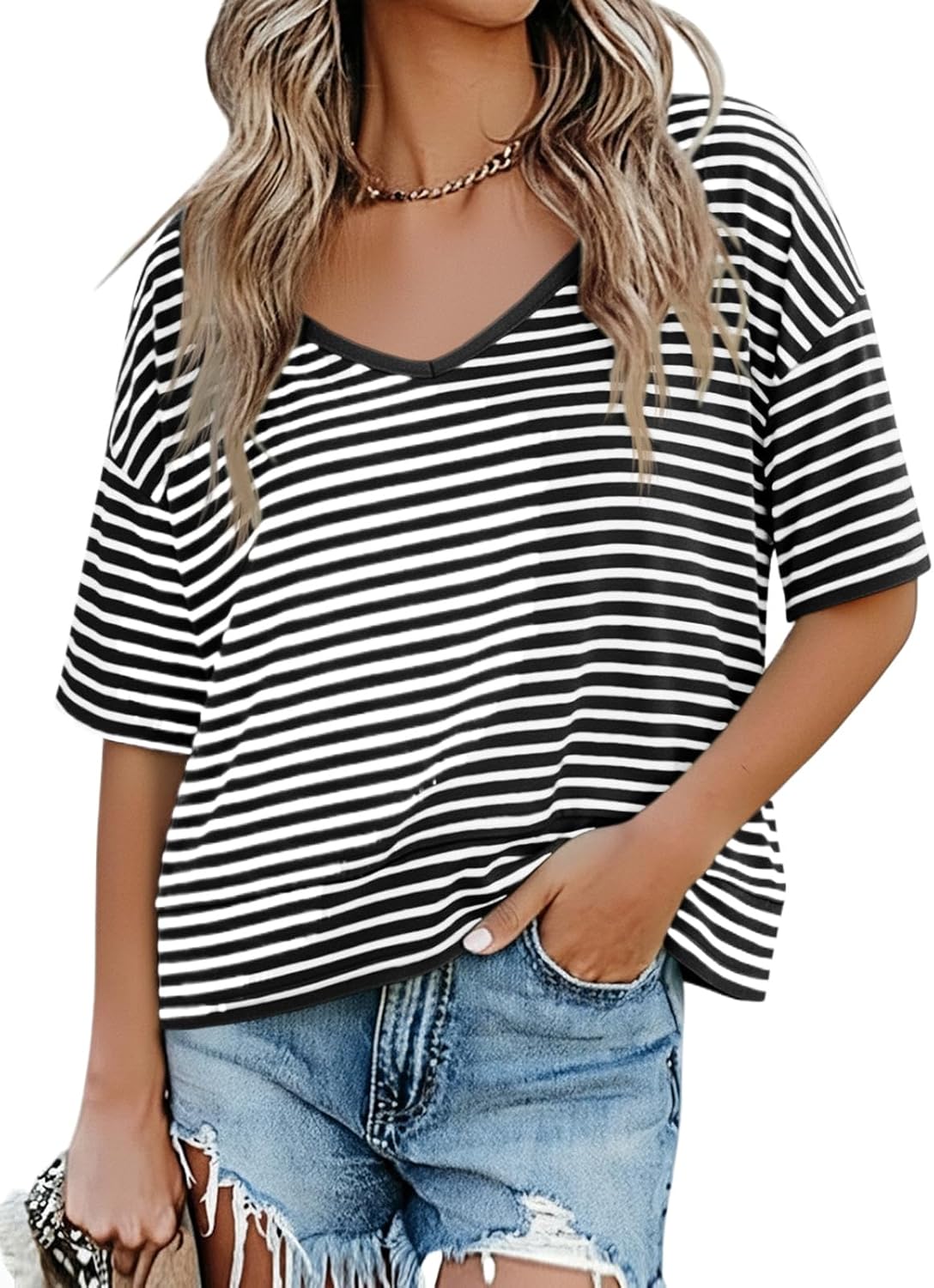 Cicy Bell Womens Summer V Neck T Shirts Loose Fit Oversized Casual Tops | Short sleeve, Spliced hem, Flowy graphic tees,Solid color & Striped print &Polka dot cute basic t-shirts
