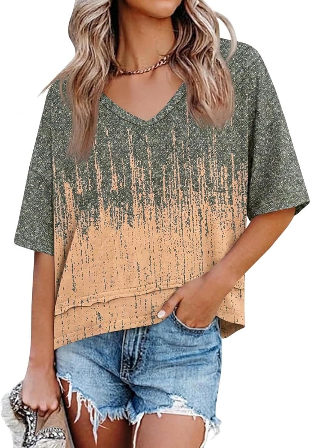 Cicy Bell Womens Summer V Neck T Shirts Loose Fit Oversized Casual Tops | Short sleeve, Spliced hem, Flowy graphic tees,Solid color & Striped print &Polka dot cute basic t-shirts