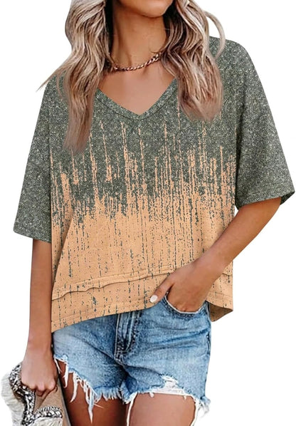 Cicy Bell Womens Summer V Neck T Shirts Loose Fit Oversized Casual Tops | Short sleeve, Spliced hem, Flowy graphic tees,Solid color & Striped print &Polka dot cute basic t-shirts