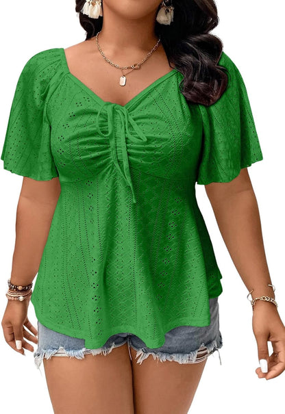 🔥 END-OF-SEASON SALE-Womens Plus Size Tops Sweetheart Neck Short Sleeve Eyelet Embroidery Summer Loose Peplum Shirts(1X-5X)