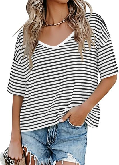 Cicy Bell Womens Summer V Neck T Shirts Loose Fit Oversized Casual Tops | Short sleeve, Spliced hem, Flowy graphic tees,Solid color & Striped print &Polka dot cute basic t-shirts