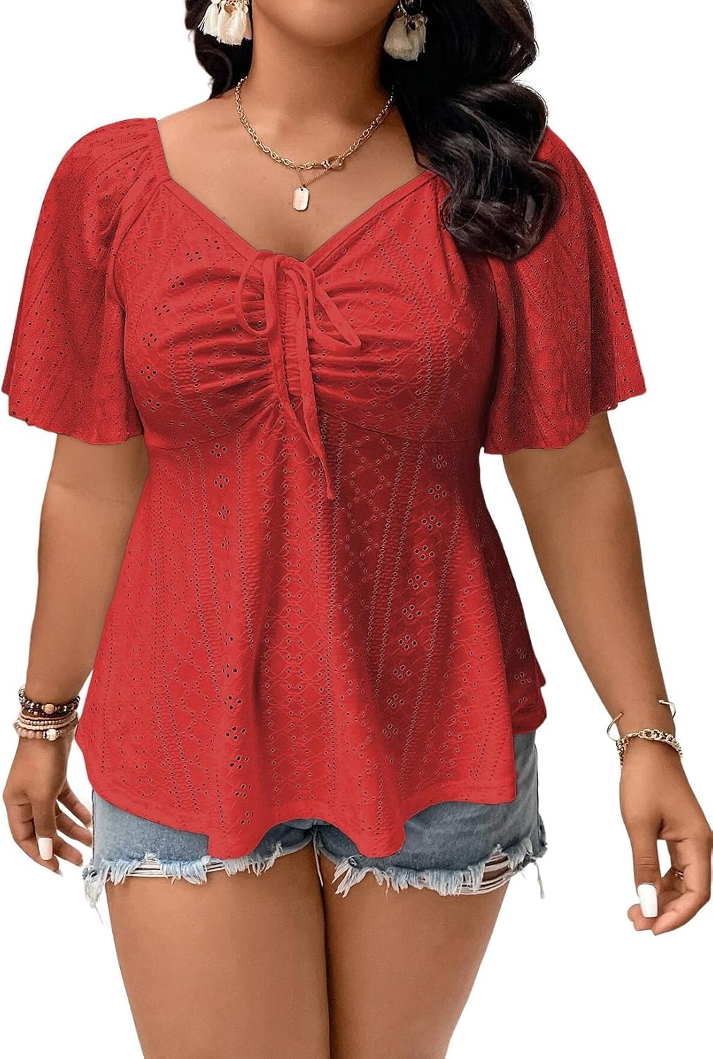 🔥 END-OF-SEASON SALE-Womens Plus Size Tops Sweetheart Neck Short Sleeve Eyelet Embroidery Summer Loose Peplum Shirts(1X-5X)