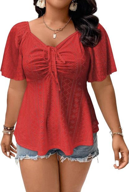 🔥 END-OF-SEASON SALE-Womens Plus Size Tops Sweetheart Neck Short Sleeve Eyelet Embroidery Summer Loose Peplum Shirts(1X-5X)