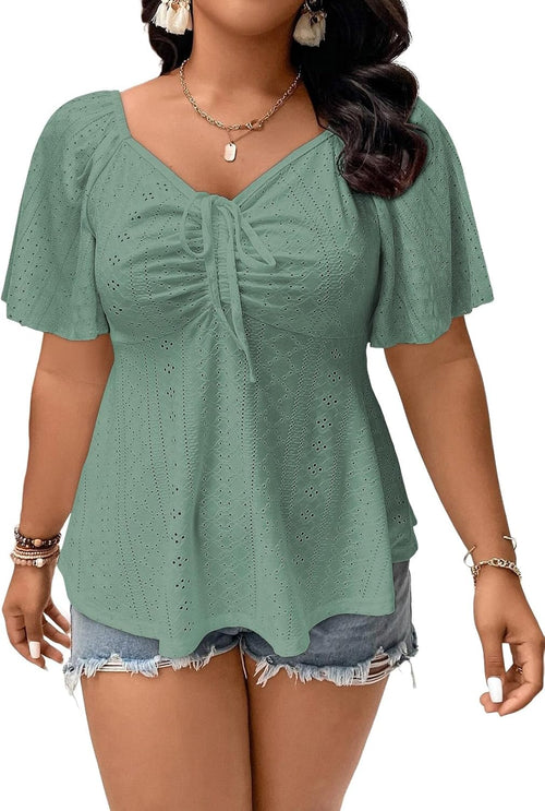 🔥 END-OF-SEASON SALE-Womens Plus Size Tops Sweetheart Neck Short Sleeve Eyelet Embroidery Summer Loose Peplum Shirts(1X-5X)