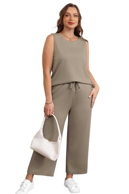 Two Piece Sets for Women Spring/Summer Lounge Sets-Crew neck sleeveless tops with wide leg crop pants