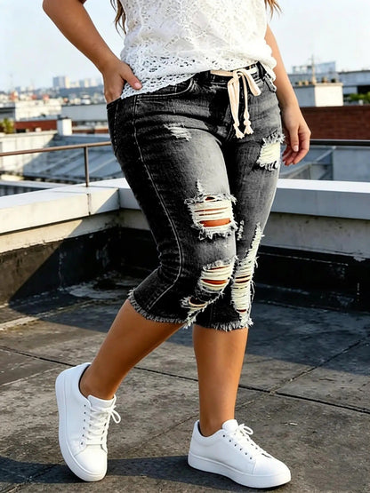 Fashion Distressed Ripped Capri Jeans Plus Size Casual High-Waisted Drawstring Waist Denim Cropped Pants