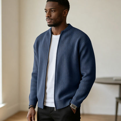 Men's Simple Casual Ribbed Stand Collar Zipper Long Sleeved Jacket