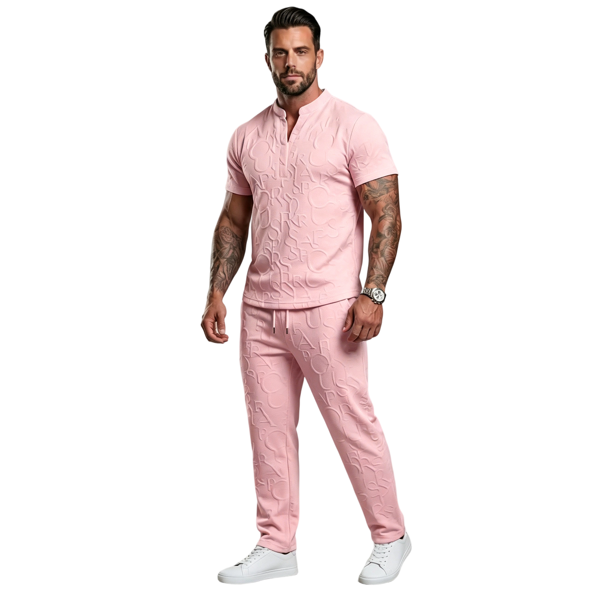 Men's Casual Textured Notched Neck Tee & Regular-Fit Drawstring Trousers