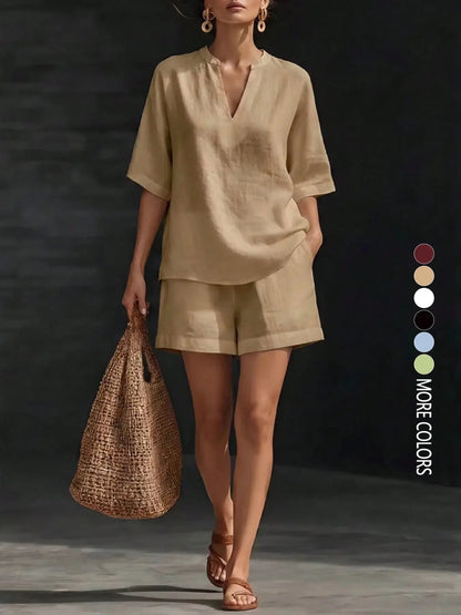 Women’s 2026 Linen-Style V-Neck Two-Piece Set for Summer-1