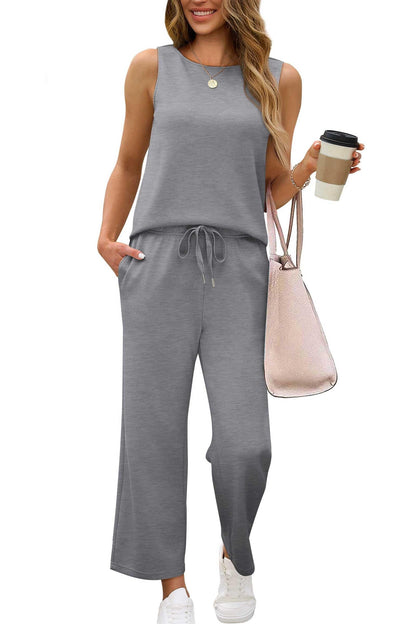 Two Piece Sets for Women Spring/Summer Lounge Sets-Crew neck sleeveless tops with wide leg crop pants