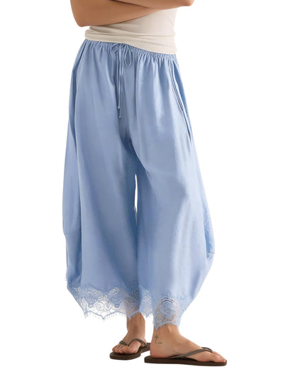 Women’s Lace-Trim Wide-Leg Pants – Lightweight Casual Trousers with Elastic Drawstring Waist