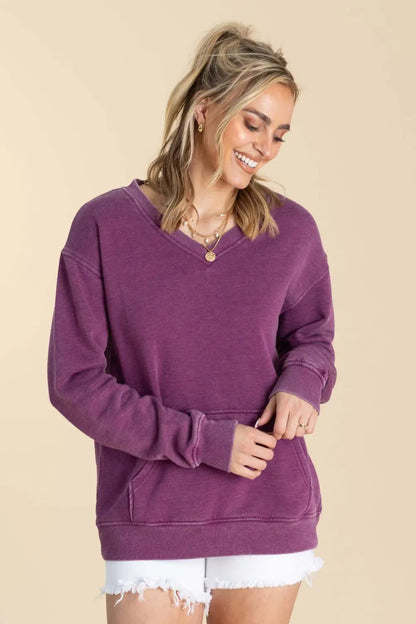 Your Favorite Is Back! Pigment Dyed Cozy Campfire V-Neck Sweatshirt