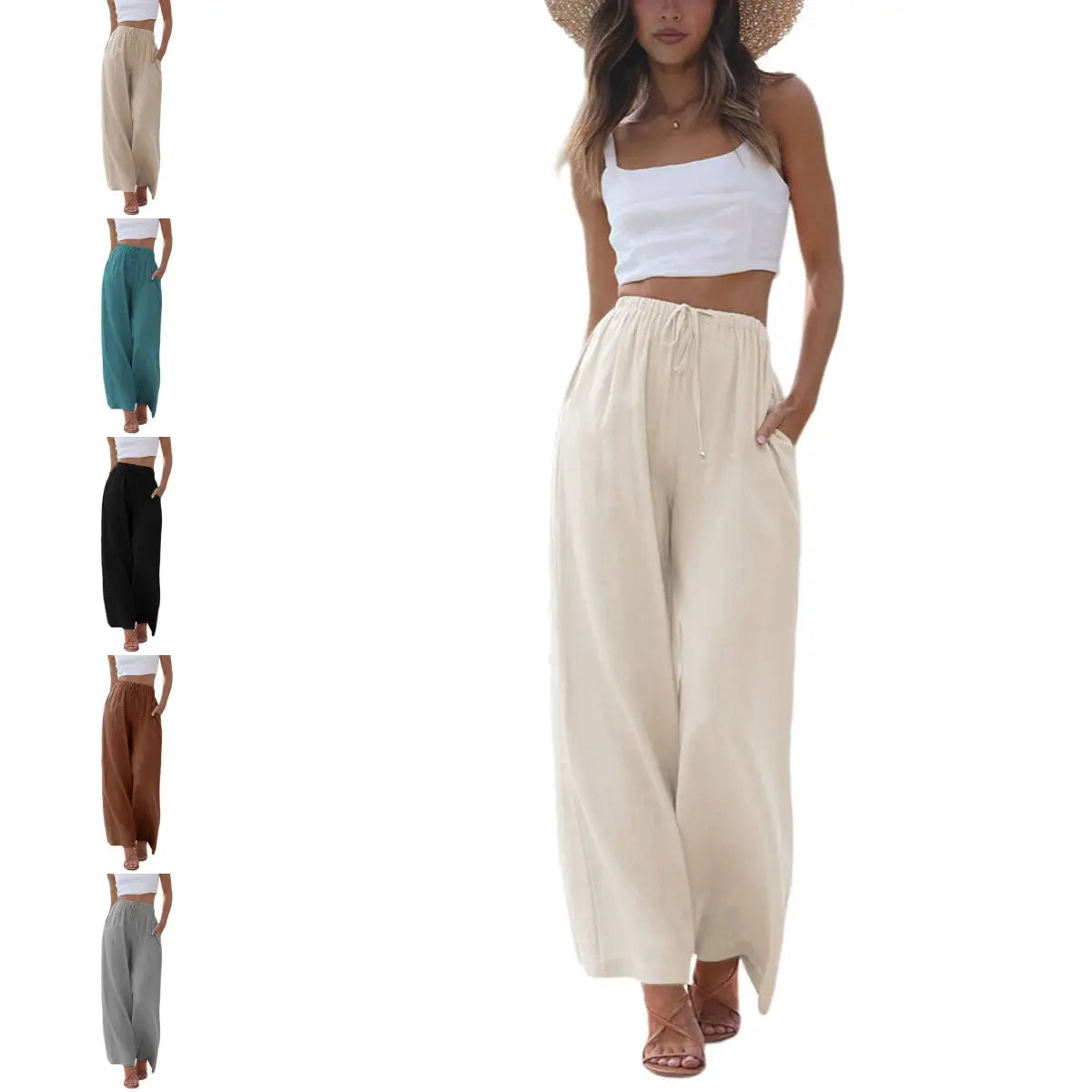 Women's Boho Cotton Linen Wide Leg Pants | High Waist Flowy Beach Palazzo Trousers（1）