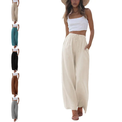 Women's Boho Cotton Linen Wide Leg Pants | High Waist Flowy Beach Palazzo Trousers（1）