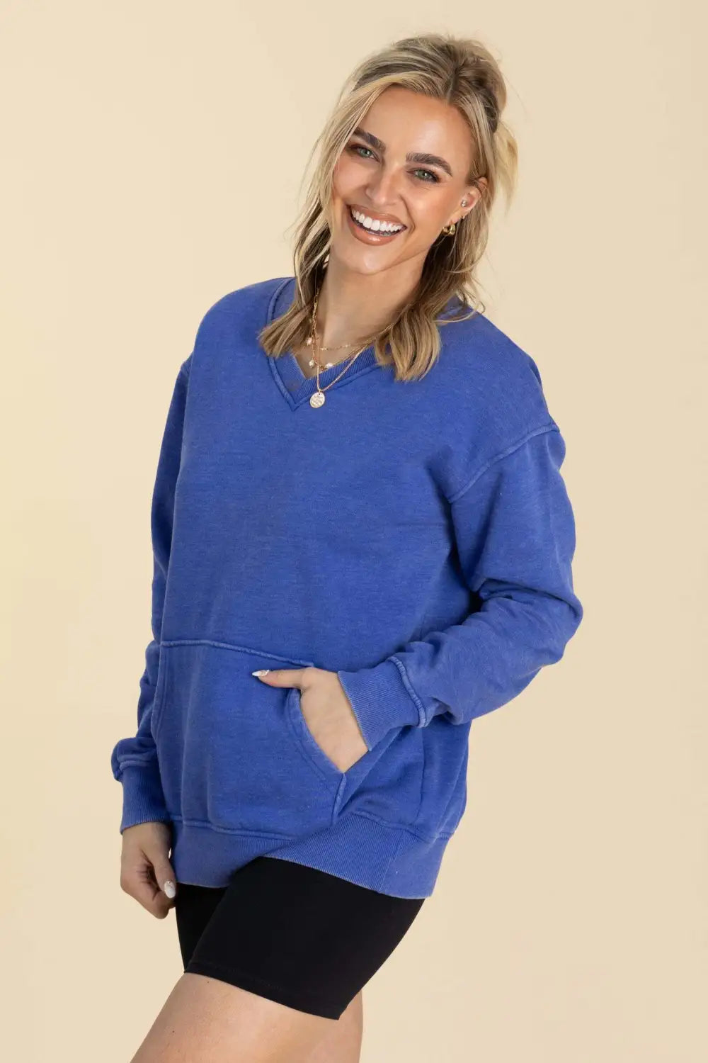 Your Favorite Is Back! Pigment Dyed Cozy Campfire V-Neck Sweatshirt