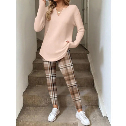 Women's Lounge Set – Long Sleeve Top & Plaid Leggings
