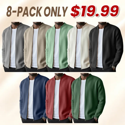 Men's Simple Casual Ribbed Stand Collar Zipper Long Sleeved Jacket