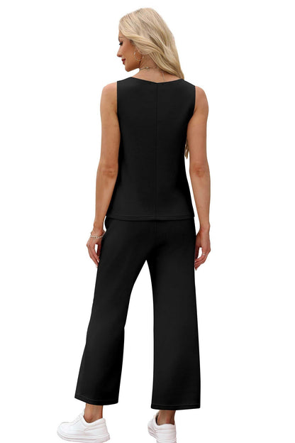 Two Piece Sets for Women Spring/Summer Lounge Sets-Crew neck sleeveless tops with wide leg crop pants