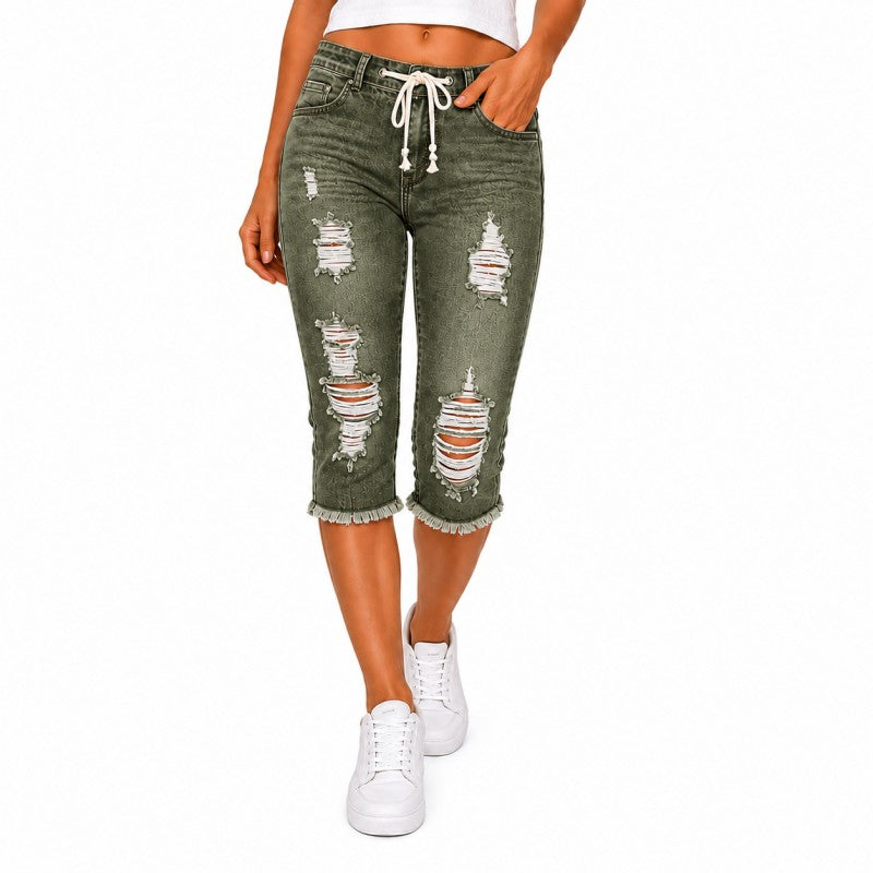 Fashion Distressed Ripped Capri Jeans Plus Size Casual High-Waisted Drawstring Waist Denim Cropped Pants
