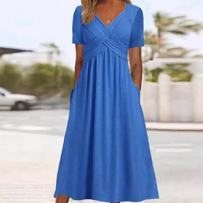 🔥Summer Clearance Sale🔥V-Neck Short Sleeve Dress – Flowy Fit, Timeless Charm