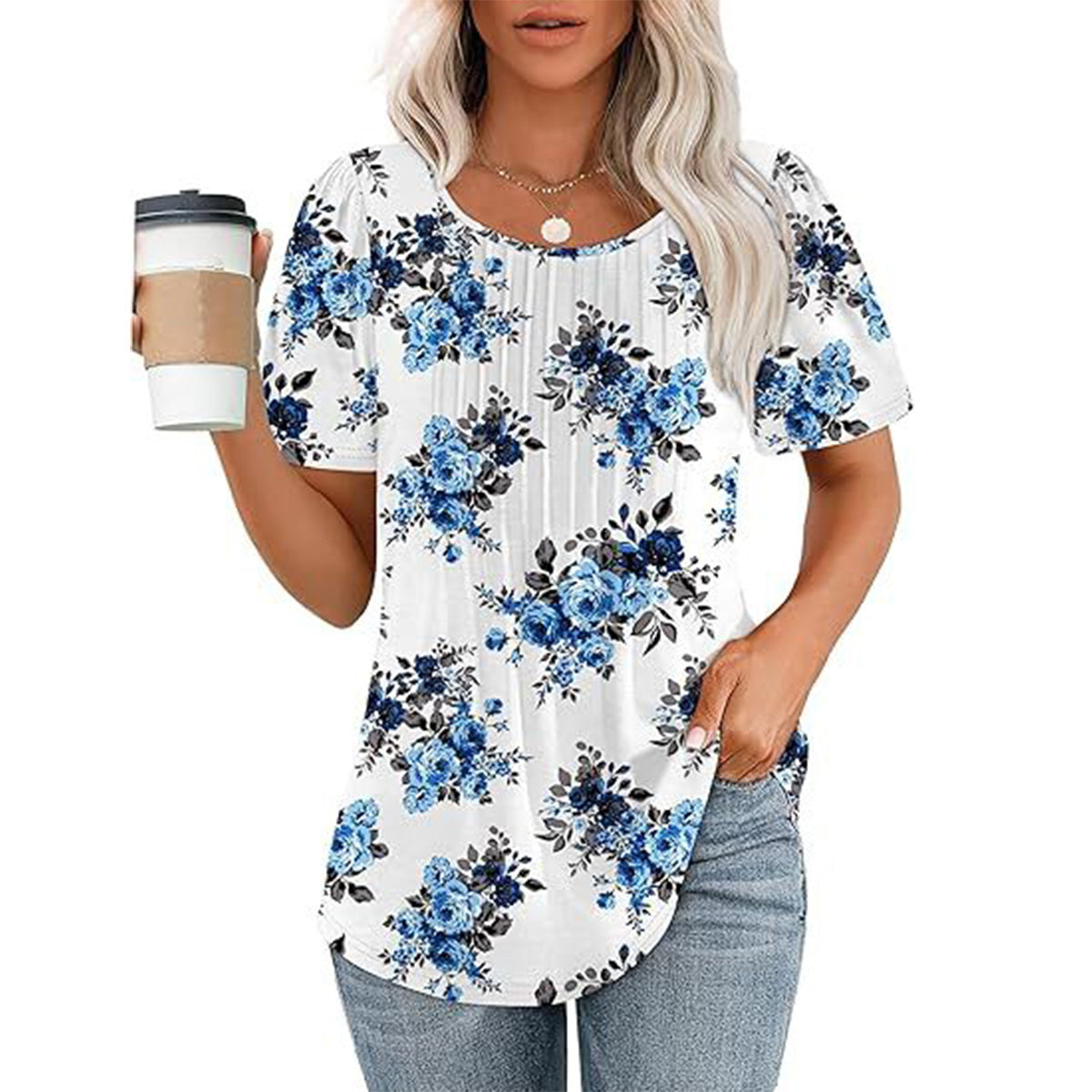 Womens T Shirts Short Sleeve Pleated Dressy Casual Scooped Neck Summer Tops Blouses