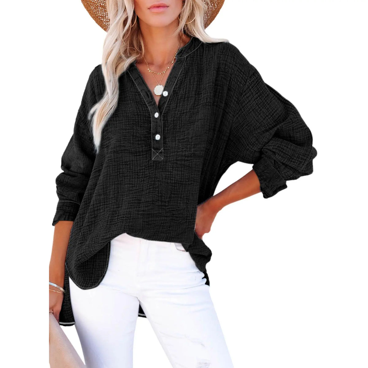 🔥 TODAY ONLY ：Casual V Neck Cotton Blouse - Loose Fit