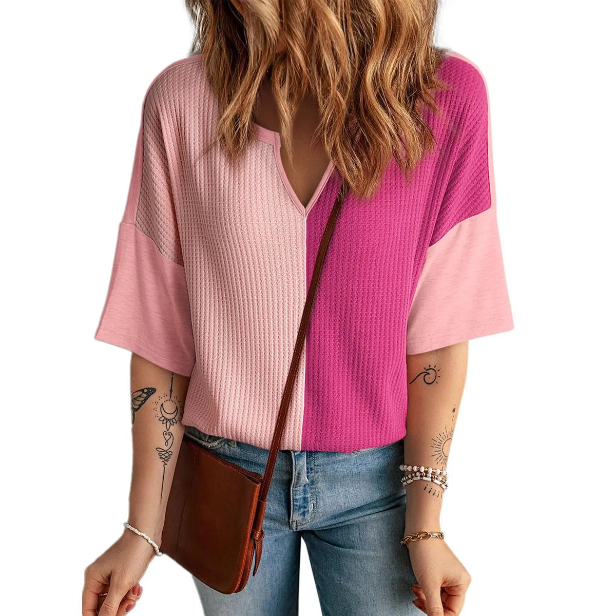 ⏰Last day promotion: Women’s Waffle Knit Summer Tops – Soft Short Sleeve V-Neck Colorblock Casual Shirt