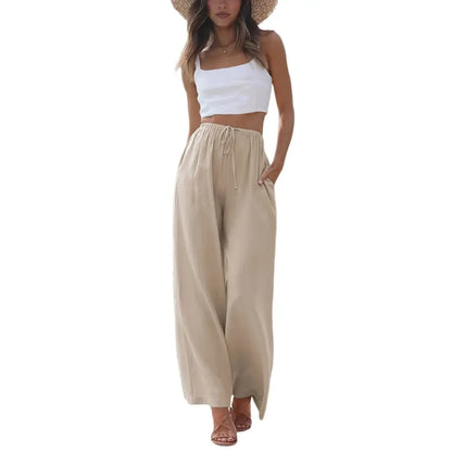 Women's Boho Cotton Linen Wide Leg Pants | High Waist Flowy Beach Palazzo Trousers（1）