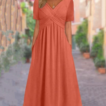 🔥Summer Clearance Sale🔥V-Neck Short Sleeve Dress – Flowy Fit, Timeless Charm