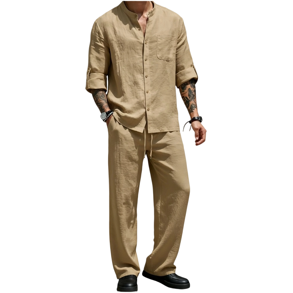💝💝Men's Linen Stand Collar Long Sleeve Button Shirt & Straight Leg Belted Pants Set