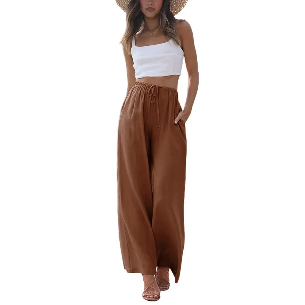 Women's Boho Cotton Linen Wide Leg Pants | High Waist Flowy Beach Palazzo Trousers（1）