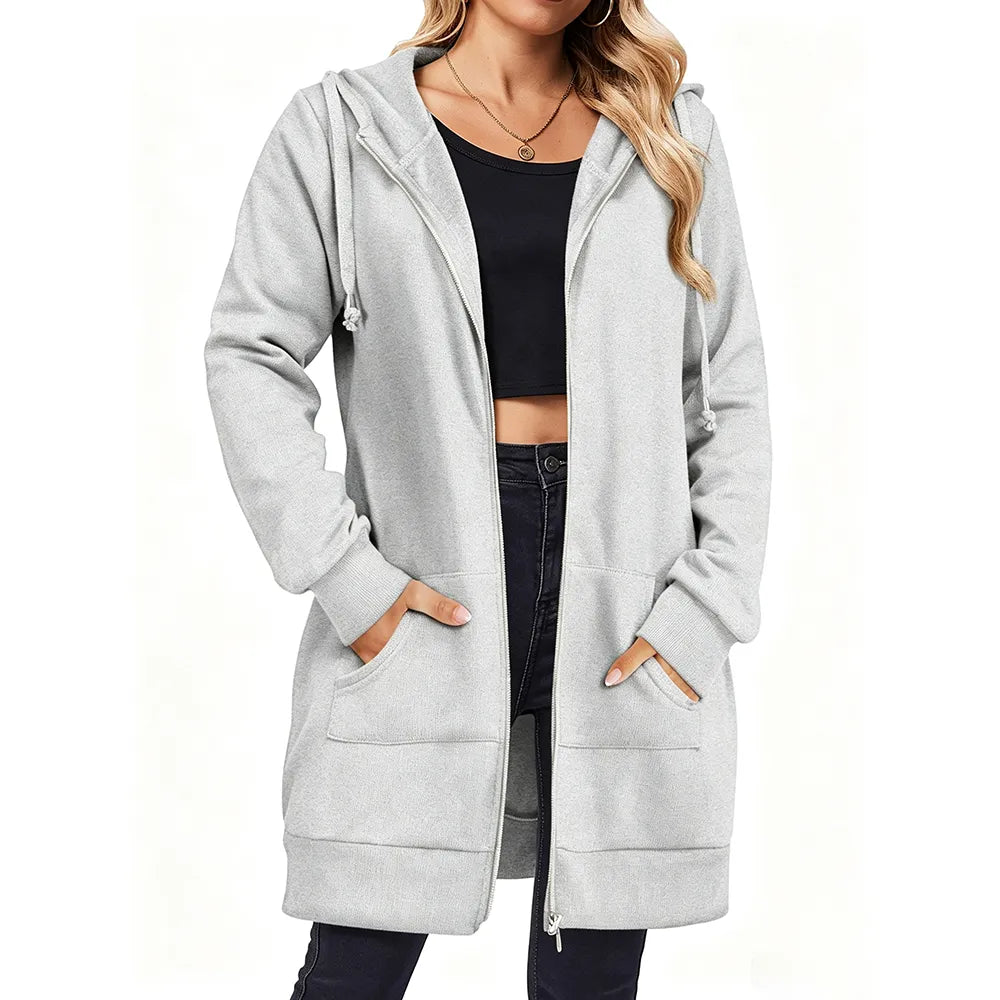 Women Zip Up Fleece Tunic Sweatshirt Long Hoodie