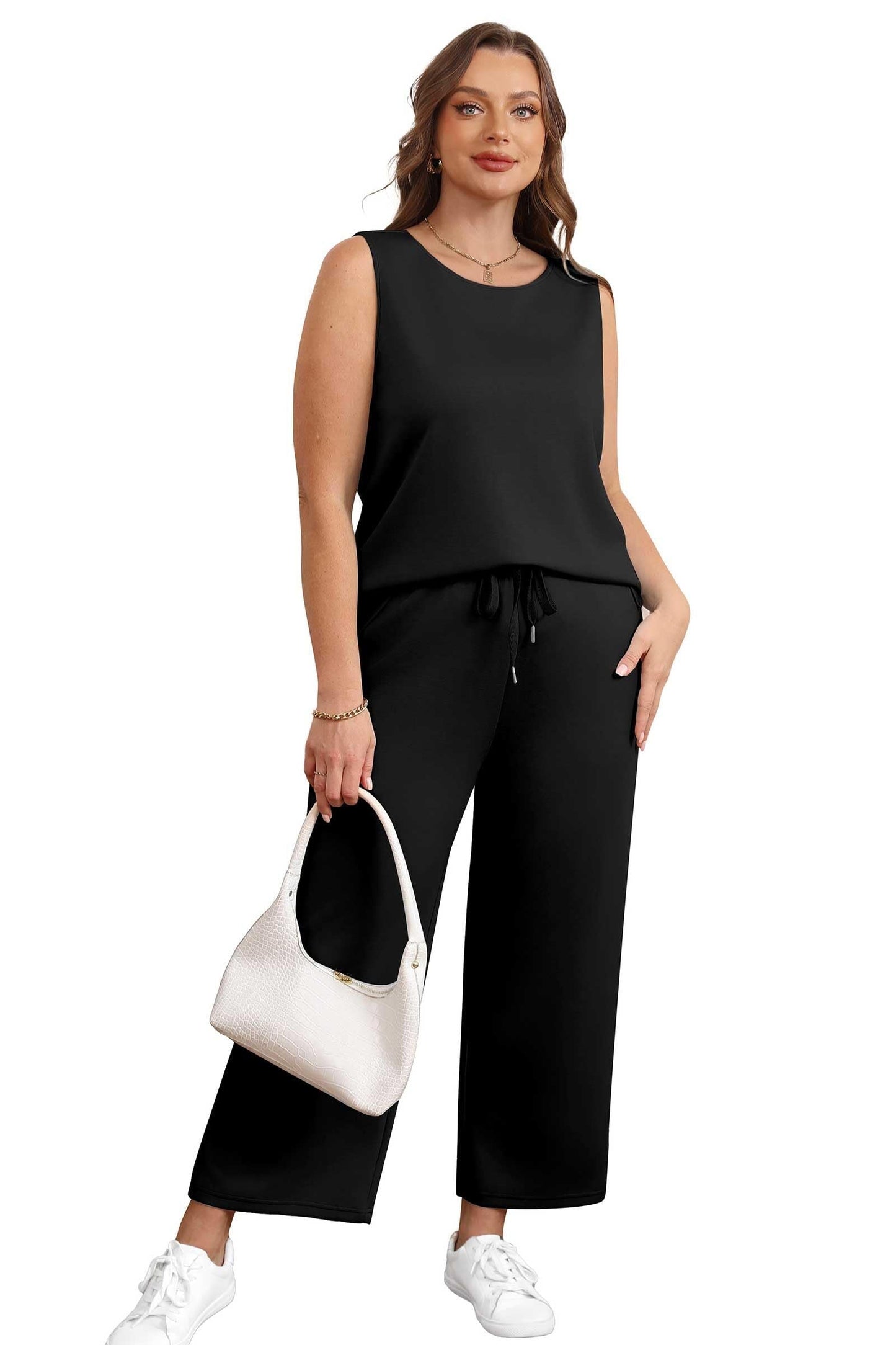 Two Piece Sets for Women Spring/Summer Lounge Sets-Crew neck sleeveless tops with wide leg crop pants