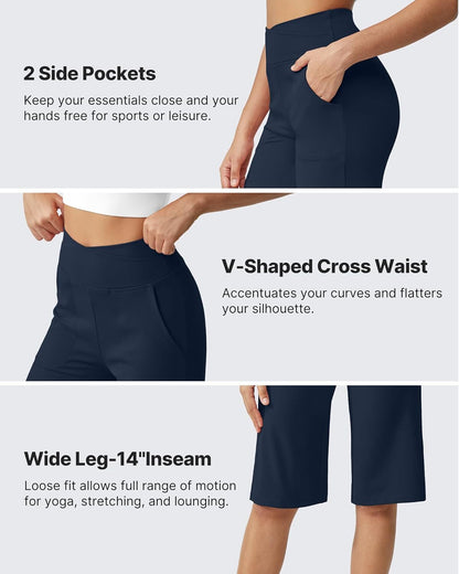 ⏰Last day promotion: Capri Pants for Women -Knee Length Wide Leg Yoga Capris Dressy Casual Summer Crop Pants with Pockets