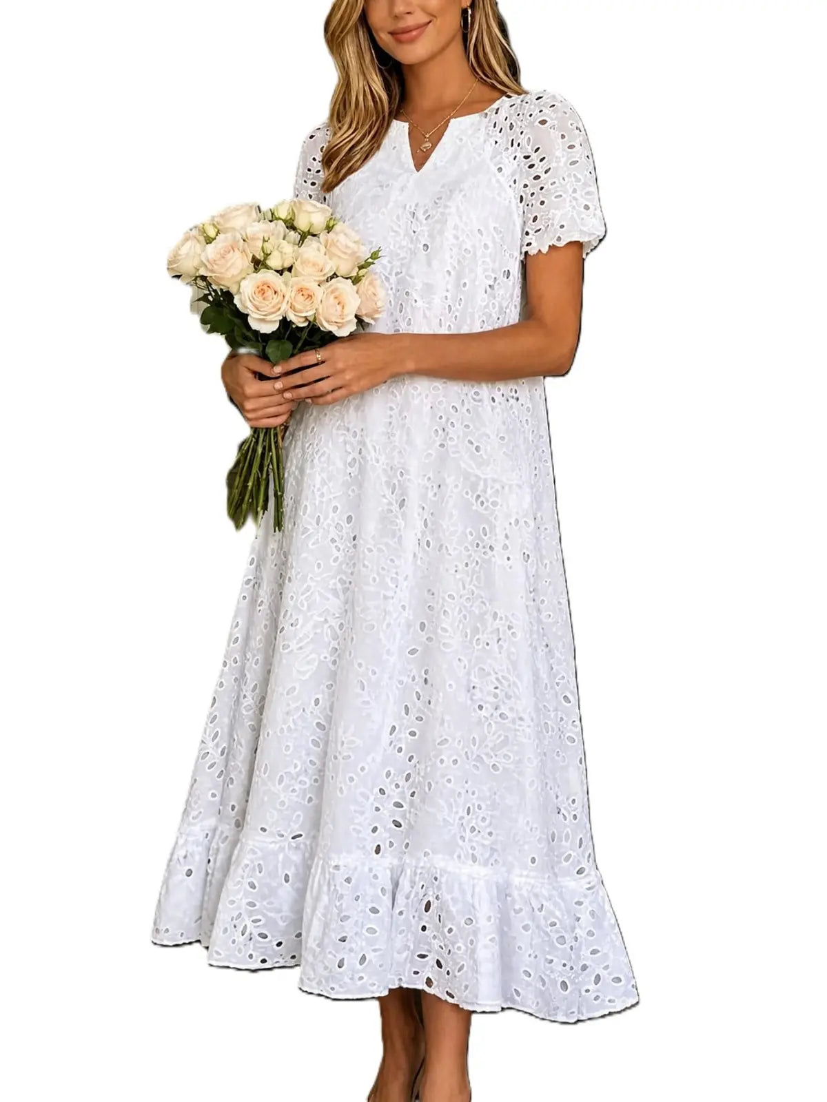 Women's Summer Ruffle Hem Floral Lace Dress - Midi & Casual