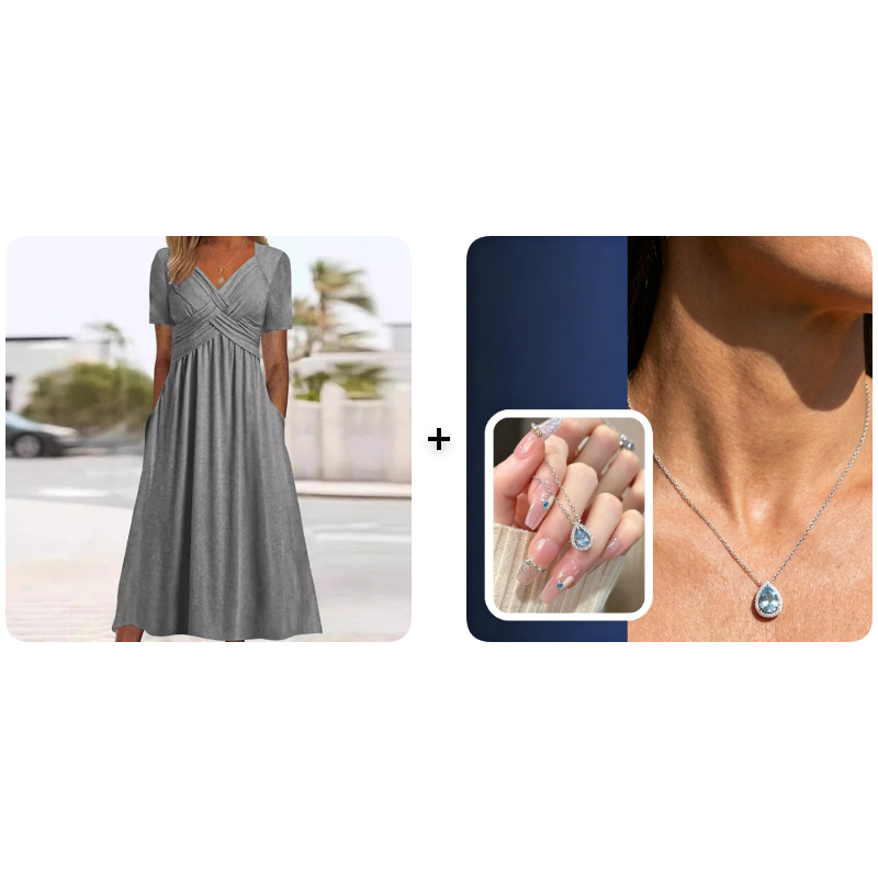 🔥Summer Clearance Sale🔥V-Neck Short Sleeve Dress – Flowy Fit, Timeless Charm