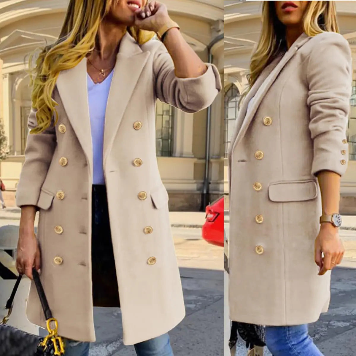 Women's Classic Wool-Blend Double-Breasted Midi Coat