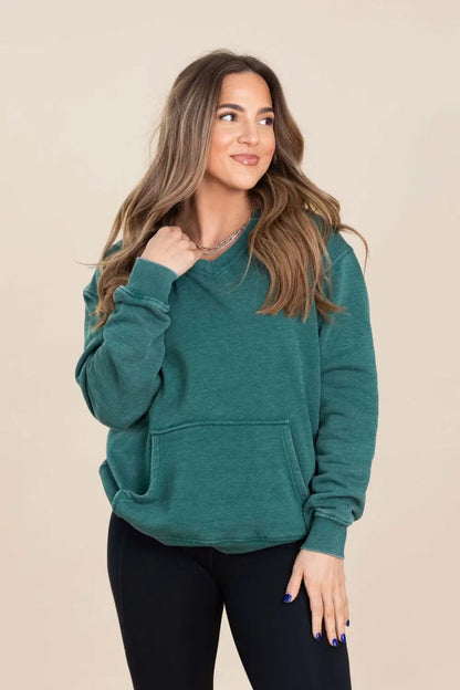 Your Favorite Is Back! Pigment Dyed Cozy Campfire V-Neck Sweatshirt