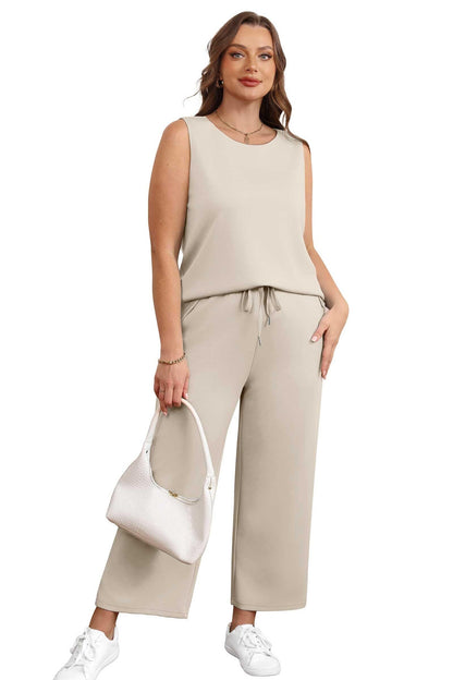 Two Piece Sets for Women Spring/Summer Lounge Sets-Crew neck sleeveless tops with wide leg crop pants