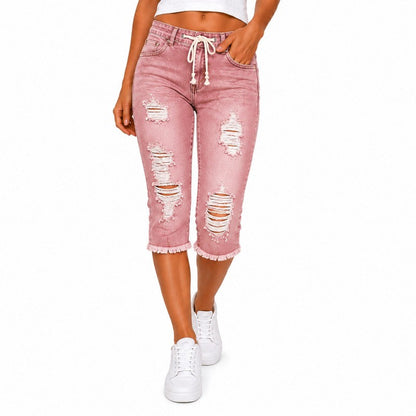 Fashion Distressed Ripped Capri Jeans Plus Size Casual High-Waisted Drawstring Waist Denim Cropped Pants