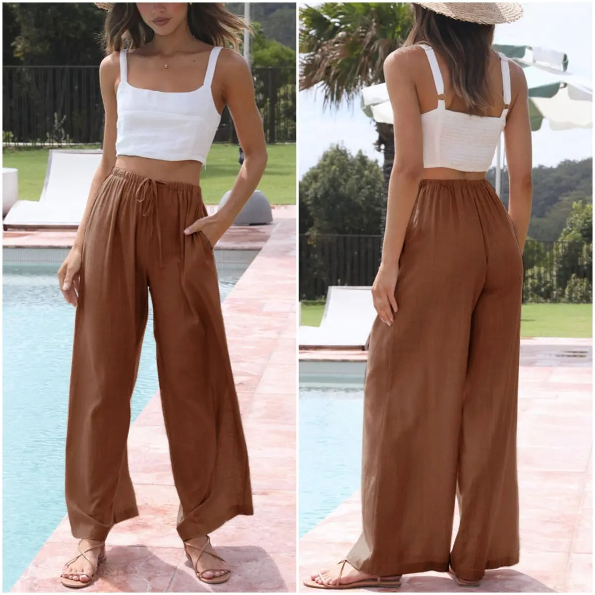 Women's Boho Cotton Linen Wide Leg Pants | High Waist Flowy Beach Palazzo Trousers（1）
