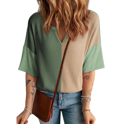 ⏰Last day promotion: Women’s Waffle Knit Summer Tops – Soft Short Sleeve V-Neck Colorblock Casual Shirt