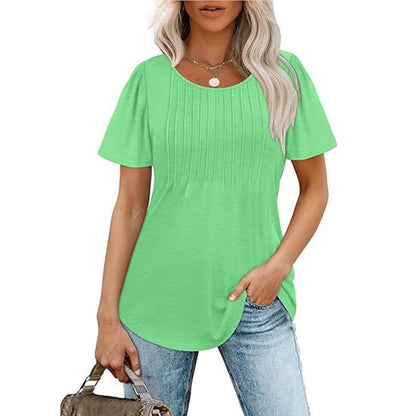 Womens T Shirts Short Sleeve Pleated Dressy Casual Scooped Neck Summer Tops Blouses