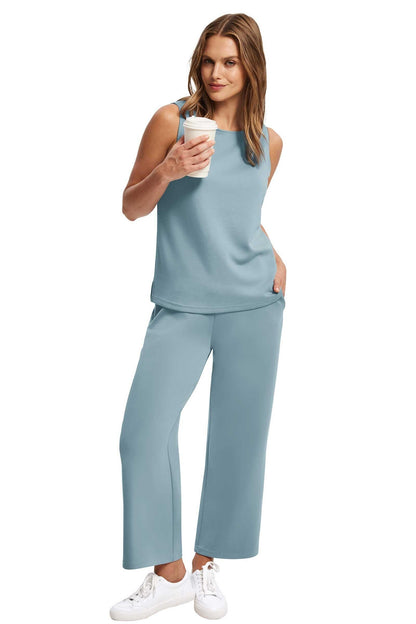 Two Piece Sets for Women Spring/Summer Lounge Sets-Crew neck sleeveless tops with wide leg crop pants