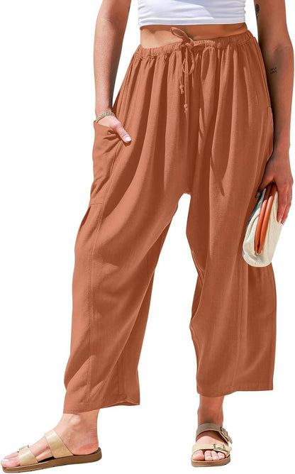 Womens Linen Wide Leg Pants Casual Loose Drawstring Low Waist Beach Palazzo Harem Pants with Pockets.
