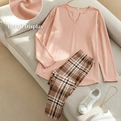 Women's Lounge Set – Long Sleeve Top & Plaid Leggings