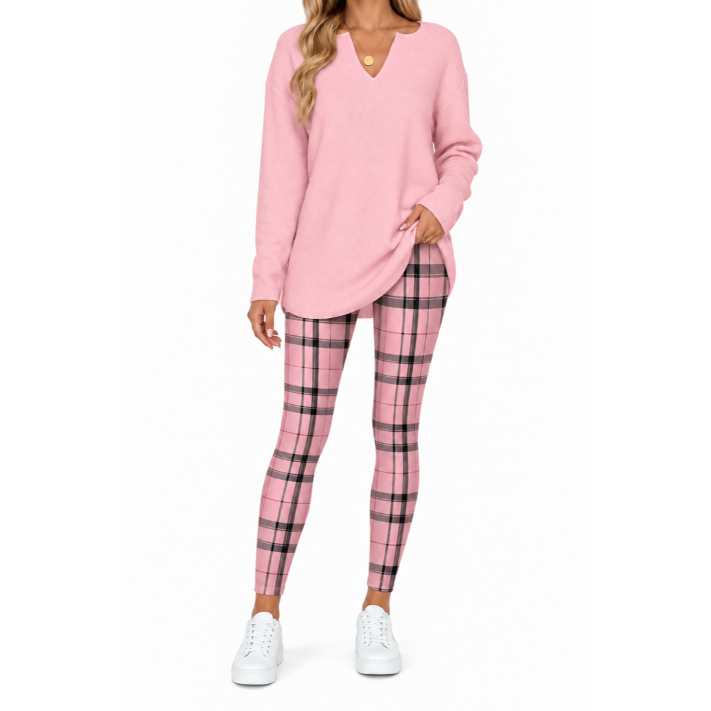 Women's Lounge Set – Long Sleeve Top & Plaid Leggings